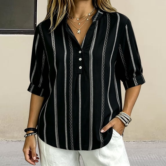 WCJM Striped Slub Linen Half Sleeve Shirt for Women V Neck Lightweight Button Front Summer Casual Womens Short Sleeve T Shirts
