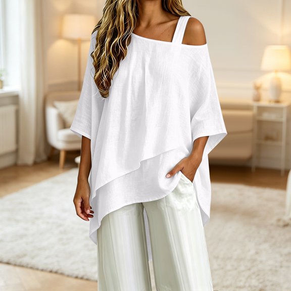 WCJM Summer Boho Lightweight Cold Shoulder Blouse Women Half Sleeve Asymmetric Batwing Loose Fit Layered Spring Daily Casual Shirt