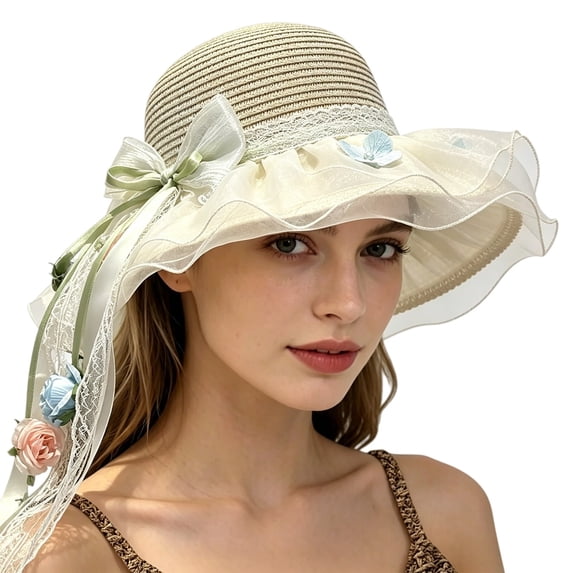 WCJM Summer Sun Hats for Women Stylish Lace Detail With Sweet Bow Ribbon Light Breathable Portable Hats Perfect for Beach Trips Street Shooting Daily Casual Outfits
