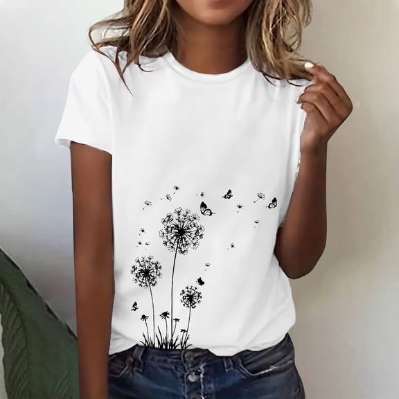 WCJM Summer T Shirts for Women Short Sleeve Women's Short Sleeve T-Shirt Women's Spring Round Neck Dandelion Printed Loose Casual Short Sleeved T Shirt