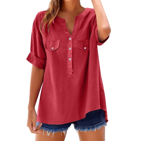 WCJM T Shirts for Women Short Sleeve Women's Short Sleeve T-Shirt Loose Shirt Top Stand Solid Color Medium Sleeve Collar Casual Women's Shirt Women's Shirt