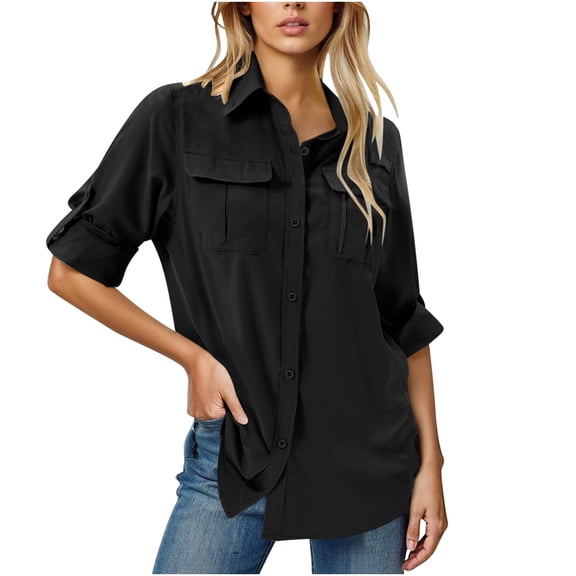 WCJM T-Shirts for Womens Women Shirts Women's Long Sleeve V Neck Solid Color Cardigan Shirt Casual Fit Shrinkable Sleeve T Shirt Top