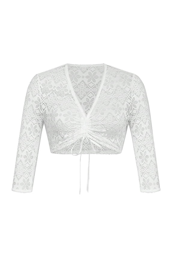 Traditional Bavarian Dirndl Blouse White V Neck Wing Sleeve Long Sleeve Lace High Neck Trachten Top (White,M)