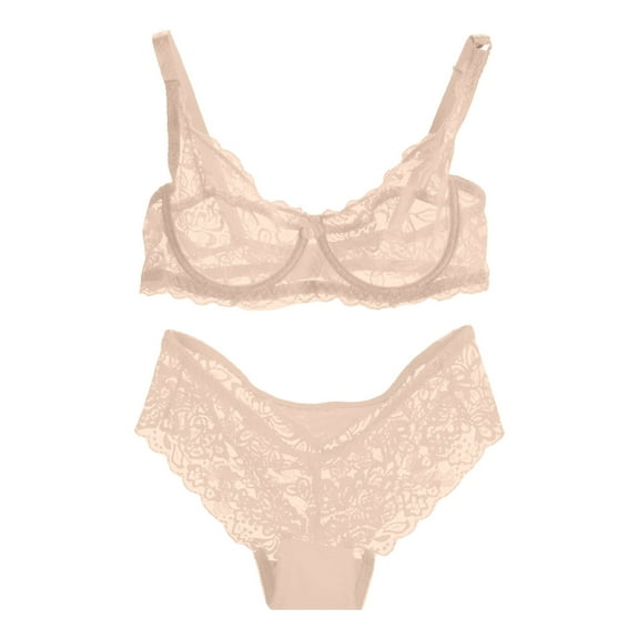 WCJM Up To 50% Off Bra & Brief Sets Fashion Underwire Floral Lace Sheer Lingerie Set For Women Lace Bra & Brief Sets Beige,40