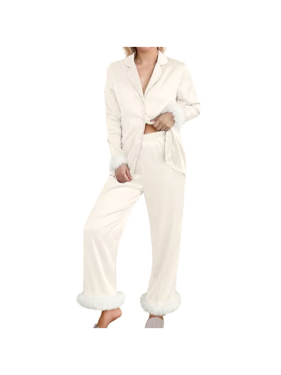 Up To 50% Off Women Pajama Sets Casual Sleepwear Satin Women Pajama Sets Beige,S