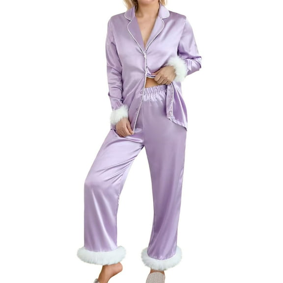 WCJM Up To 50% Off Women Pajama Sets Nightie With Side Slits Satin Women Pajama Sets Purple,M