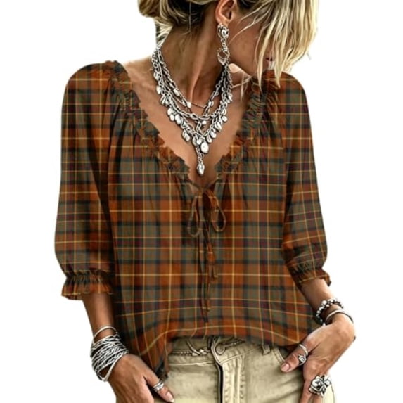 WCJM V Neck Bohemian Tops for Women 3/4 Sleeve Loose Fit Long Sleeve T Shirts Casual Fall (Brown,5XL)