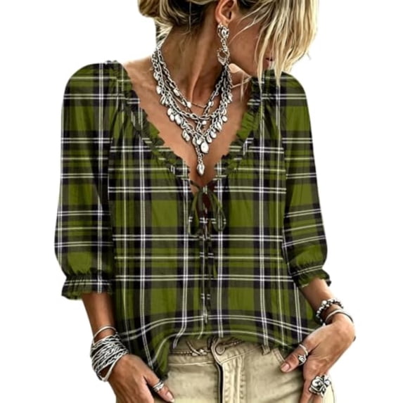 WCJM V Neck Loose Fit Long Sleeve T Shirts Women 3/4 Sleeve Bohemian Casual Fall Top (Army Green,L)