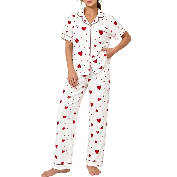 WCJM V Neck Short Sleeve Pajama Top Long Pants Set Women Home Red Short Sleeve V-Neck Pajama Sets