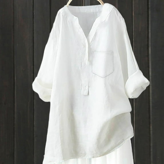 WCJM White Button Up Shirt Womens Women Shirts Womens Cotton Linen Shirts Solid 3/4 Sleeve Summer Vacation Tunic Tops Oversized Tshirts Casual V Neck Blouses