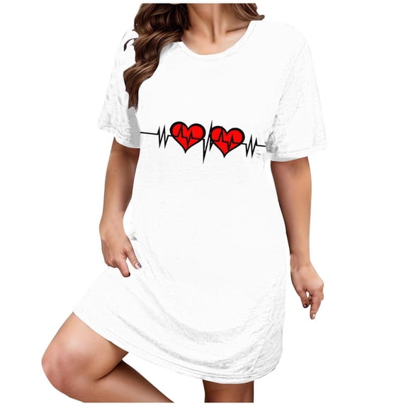 WCJM White Plus Size Casual Sleep Dress Women's Plus Heart Print Short Sleeve Round Neck Medium Stretch Loose Nightdress Valentine's Day Nightdress