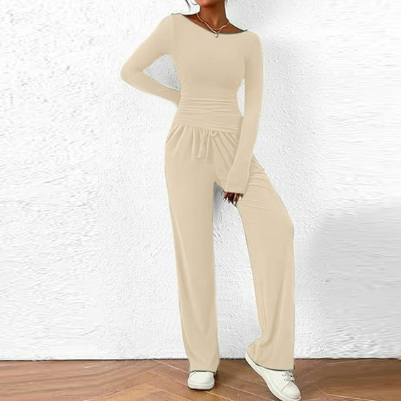 WCJM White Women's 2 Piece Sets Asymmetrical Long Sleeve T Shirt Wide Leg Pants Casual Outfits Tracksuit