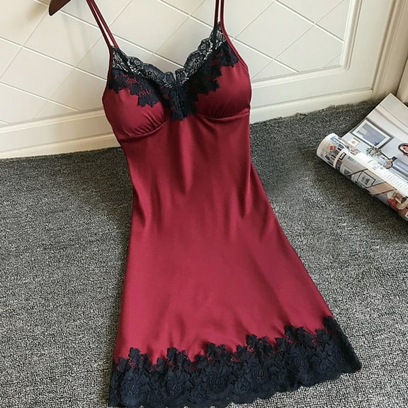 WCJM Wine Satin Sleepwear Women Ladies Nightwear Nightdress Lingerie with Chest Pads