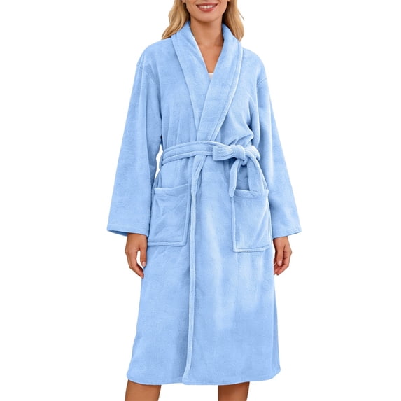 WCJM Womans Robe Womens Belted Long Robe Notched Collar with Pockets Cozy Loungewear Housecoat