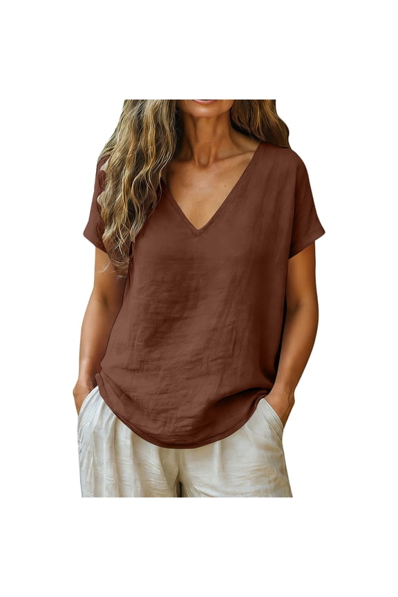 Women Breathable V Neck Tee Cotton Linen Short Sleeve Loose Fit Summer Essential Top