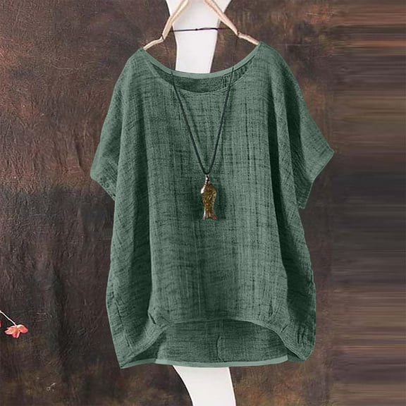 WCJM Women Crewneck Striped Short Sleeve T-Shirt Top Blouse Women's Short Sleeve T-Shirt Women's Summer Short Sleeve Solid Casual Loose Linen Top