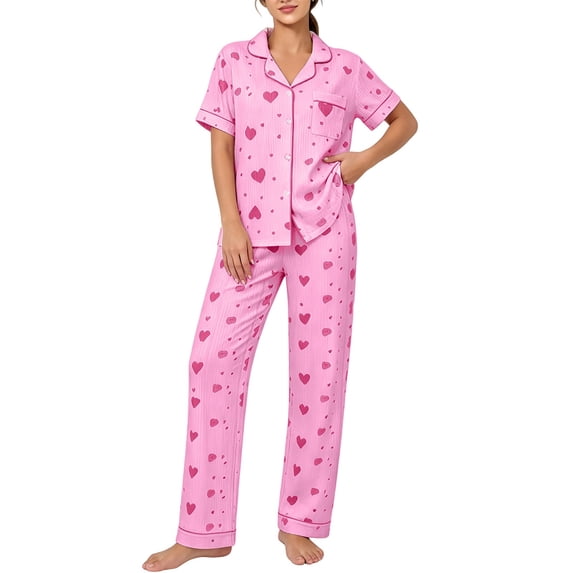 WCJM Women Home Set V Neck Short Sleeve Pajama Top Long Pants Light Pink Short Sleeve Pajamas Set
