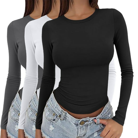 WCJM Women Long Sleeve Loose Button Trim Blouse Solid Color Round Neck Tuni 3 Pieces Women Y2K Basic Long Sleeve Top Slim Tee Round Neck Dupe Crop Layering Slim Top Blouse Aesthetic Streetwear