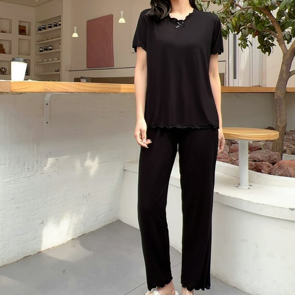 WCJM Women Modal Pajama Sets Black Women's Pajama Set 2 Matching Set Short Sleeve Top And Pants Set With Pockets Women Pajama Sets Women's lace pajamas