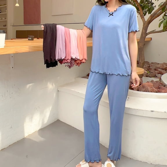 WCJM Women Modal Pajama Sets Blue Women's Pajama Set 2 Matching Set Short Sleeve Top And Pants Set With Pockets Women Pajama Sets Women's lace pajamas