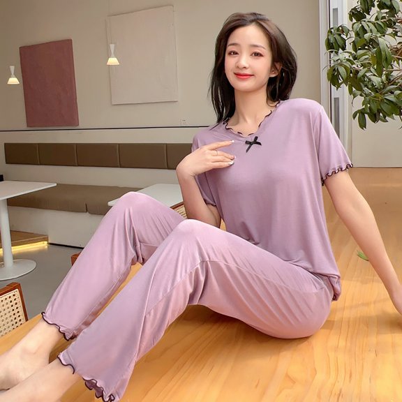 WCJM Women Modal Pajama Sets Purple Women's Pajama Set 2 Matching Set Short Sleeve Top And Pants Set With Pockets Women Pajama Sets Women's lace pajamas
