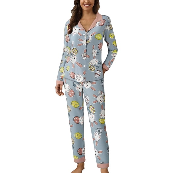 WCJM Women Pajama Sets Blue Pjs Set Women Casual Lapel Button Print Two Piece Long Sleeve Pajamas Pajamas Suit Woman Blending Pajamas