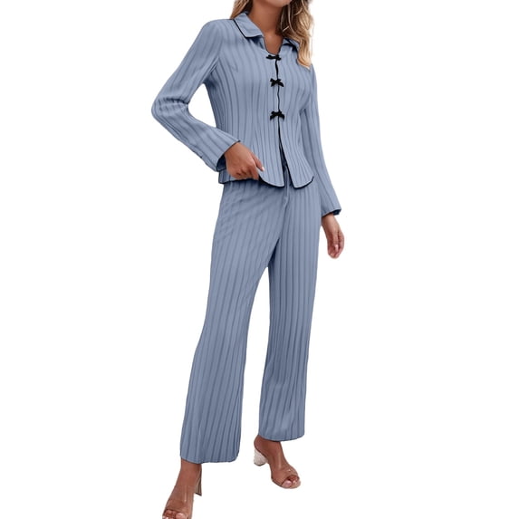 WCJM Women Pajama Sets Blue Women's Pajama Sets Ribbed Pajama Sets for Women Pullover V Neck Long Sleeve Sleepwear Matching Comfy Long Pants Outfits Woman Knitting Pajamas