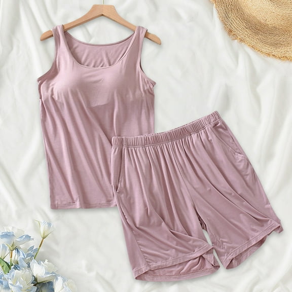 WCJM Women Pajama Sets Pajama Set for Women Summer Sleeveless Tank Tops Pjs Sets 2 Pcs Lounge Set Comfy Shorts Sleepwear with Pockets Women's Casual Summer Loose Strap Chest Pad Short Sleeve Top