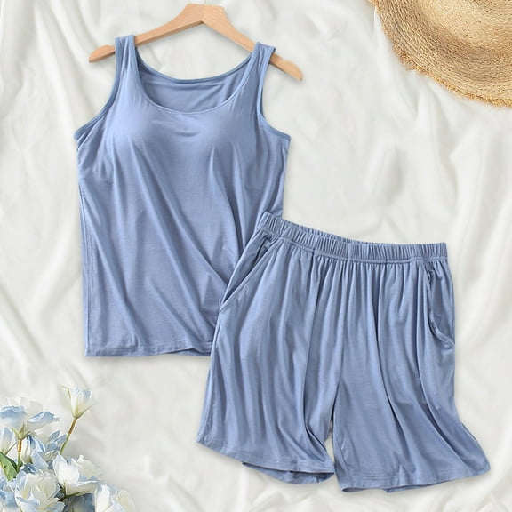 WCJM Women Pajama Sets Pajama Set for Women Summer Sleeveless Tank Tops Pjs Sets 2 Pcs Lounge Set Comfy Shorts Sleepwear with Pockets Women's Casual Summer Loose Strap Chest Pad Short Sleeve Top