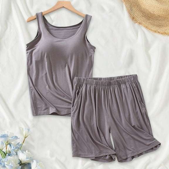 WCJM Women Pajama Sets Pajama Set for Women Summer Sleeveless Tank Tops Pjs Sets 2 Pcs Lounge Set Comfy Shorts Sleepwear with Pockets Women's Casual Summer Loose Strap Chest Pad Short Sleeve Top