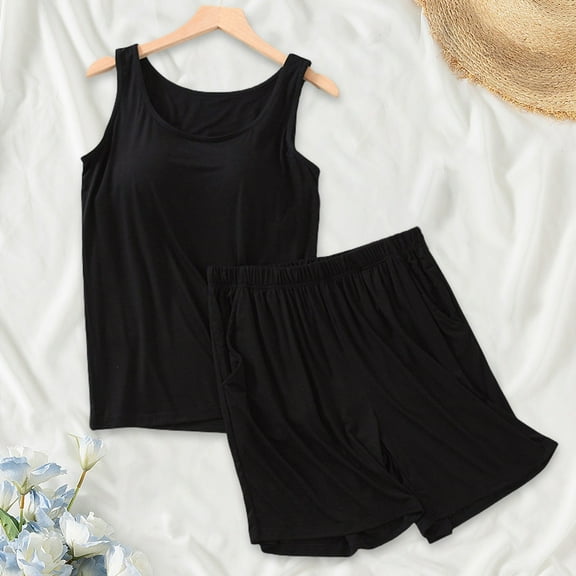 WCJM Women Pajama Sets Pajama Set for Women Summer Sleeveless Tank Tops Pjs Sets 2 Pcs Lounge Set Comfy Shorts Sleepwear with Pockets Women's Casual Summer Loose Strap Chest Pad Short Sleeve Top