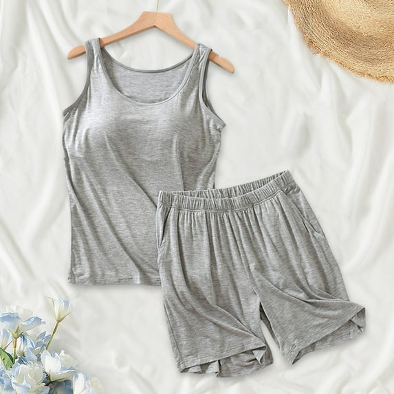 WCJM Women Pajama Sets Pajama Set for Women Summer Sleeveless Tank Tops Pjs Sets 2 Pcs Lounge Set Comfy Shorts Sleepwear with Pockets Women's Casual Summer Loose Strap Chest Pad Short Sleeve Top