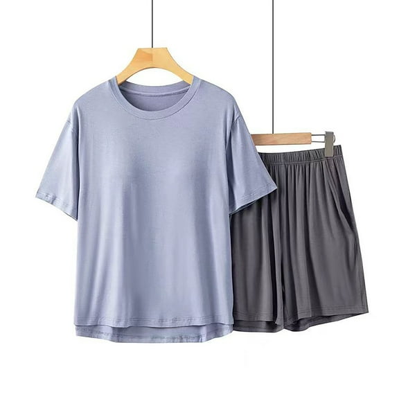 WCJM Women Pajama Sets Pajamas Set for Women Short Sleeve Sleepwear Button Down Pjs Soft 2 Pcs Lounge Sets Sleeved Shorts Solid Color With Chest Cushion Loose Casual Sleepwear Set