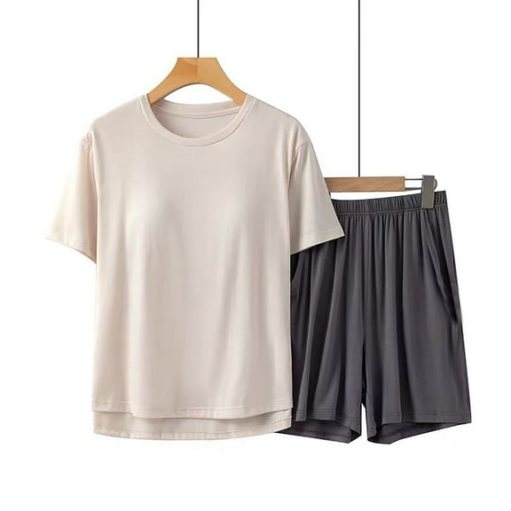 WCJM Women Pajama Sets Pajamas Set for Women Short Sleeve Sleepwear Button Down Pjs Soft 2 Pcs Lounge Sets Sleeved Shorts Solid Color With Chest Cushion Loose Casual Sleepwear Set