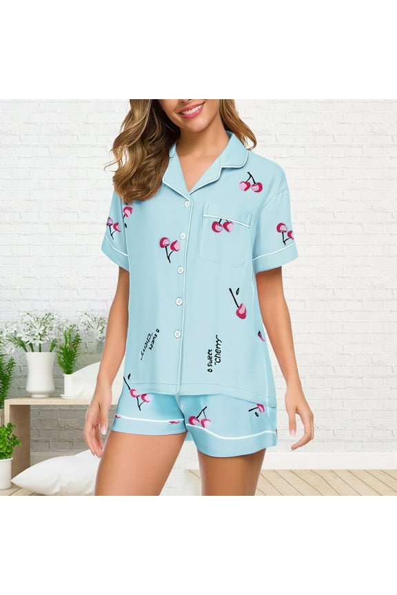 Women Pajama Sets Pajamas Set for Women Short Sleeve Sleepwear Button Down Pjs Soft 2 Piece Lounge Sets Pajamas Women's Summer Short Sleeved Lapel Shirt Set Shorts Plus Size Home Clothes