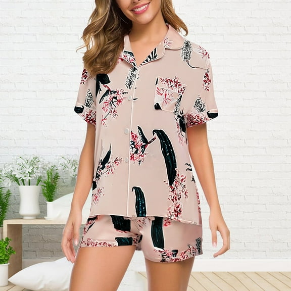 WCJM Women Pajama Sets Pajamas Set for Women Short Sleeve Sleepwear Button Down Pjs Soft 2 Piece Lounge Sets Pajamas Women's Summer Short Sleeved Lapel Shirt Set Shorts Plus Size Home Clothes