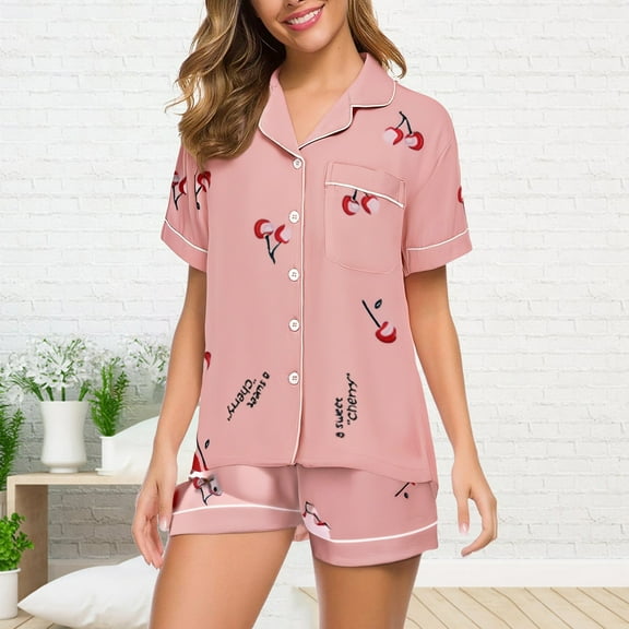 WCJM Women Pajama Sets Pajamas Set for Women Short Sleeve Sleepwear Button Down Pjs Soft 2 Piece Lounge Sets Pajamas Women's Summer Short Sleeved Lapel Shirt Set Shorts Plus Size Home Clothes