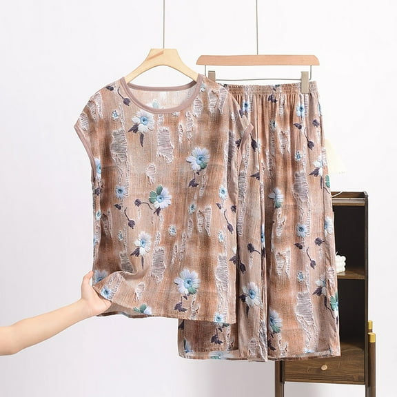 WCJM Women Pajama Sets Pajamas Set for Women Short Sleeve Sleepwear Button Down Pjs Soft 2 Piece Lounge Sets Printed Artificial Cotton Set Large Size Thin Floral Loose Home Clothing