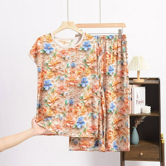 WCJM Women Pajama Sets Pajamas Set for Women Short Sleeve Sleepwear Button Down Pjs Soft 2 Piece Lounge Sets Printed Artificial Cotton Set Large Size Thin Floral Loose Home Clothing