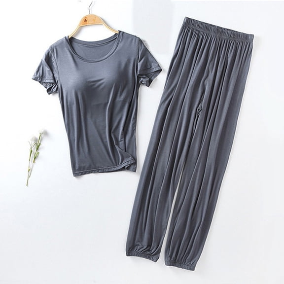 WCJM Women Pajama Sets Pajamas Set for Women Short Sleeve Sleepwear Button Down Pjs Soft 2 Piece Lounge Sets Women's Petite Pajama Set Petite Length Tunic Top Wide Leg Pants