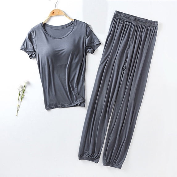 WCJM Women Pajama Sets Pajamas Set for Women Short Sleeve Sleepwear Button Down Pjs Soft 2 Piece Lounge Sets Women's Petite Pajama Set Petite Length Tunic Top Wide Leg Pants