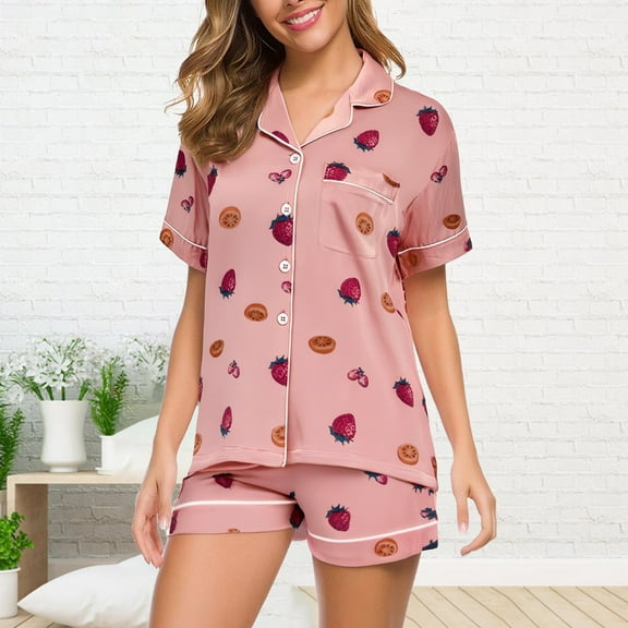 WCJM Women Pajama Sets Pajamas Set Womens Loungewear Sleepwear 2 Piece PJ Sets Pajamas Women's Summer Short Sleeved Lapel Shirt Set Shorts Plus Size Home Clothes