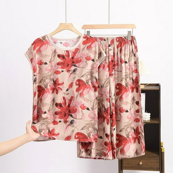 WCJM Women Pajama Sets Pajamas Set Womens Loungewear Sleepwear 2 Piece PJ Sets Printed Artificial Cotton Set Large Size Thin Floral Loose Home Clothing