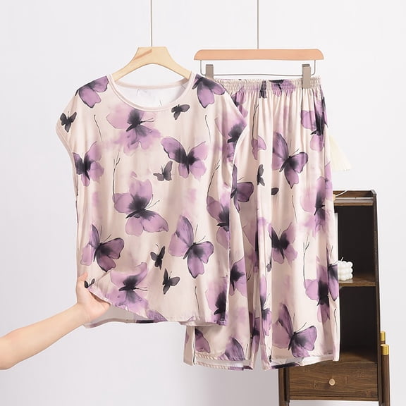 WCJM Women Pajama Sets Pajamas Set Womens Loungewear Sleepwear 2 Piece PJ Sets Printed Artificial Cotton Set Large Size Thin Floral Loose Home Clothing