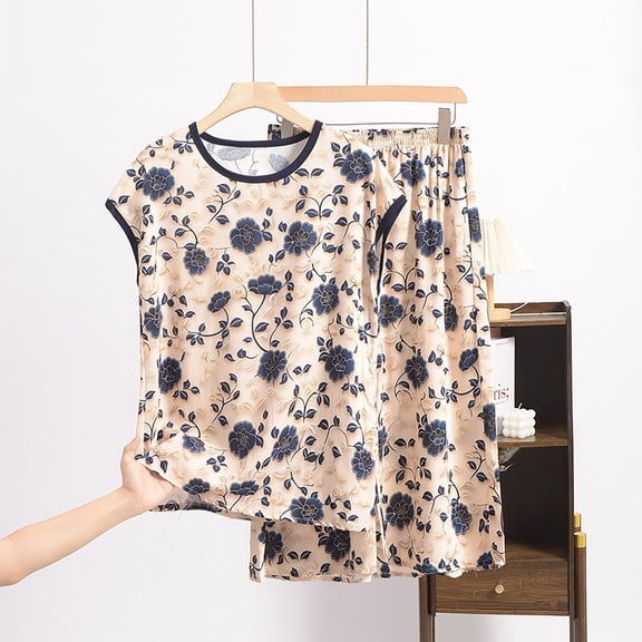 WCJM Women Pajama Sets Pajamas Set Womens Loungewear Sleepwear 2 Piece PJ Sets Printed Artificial Cotton Set Large Size Thin Floral Loose Home Clothing