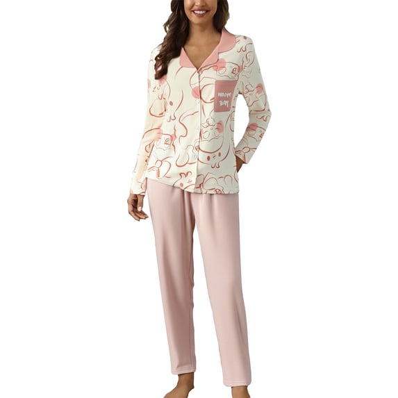 WCJM Women Pajama Sets Pink Pajamas for Women Set Women Casual Lapel Button Print Two Piece Long Sleeve Pajamas Pajamas Suit Woman Blending Pajamas