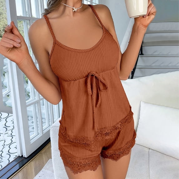 WCJM Women Pajamas Set Cami Shorts Set Soft V Neck Sleepwear Sleeveless Pjs Set Women's Pajamas Satin Nightwear Lace Underwer Silk Up Set Sleepwear Pajamas Women