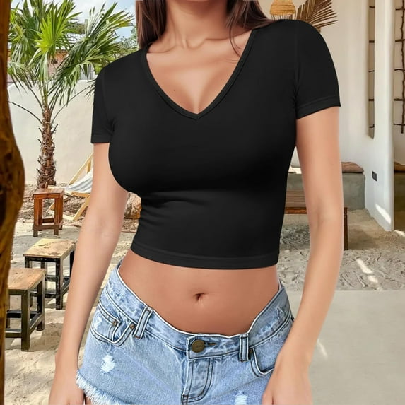 WCJM Women Pjs Sets Short Sleeve T Shirt Women's Short Sleeve T-Shirt Women's Soft Workout Slim Casual Short Sleeved V Neck Crop Tops