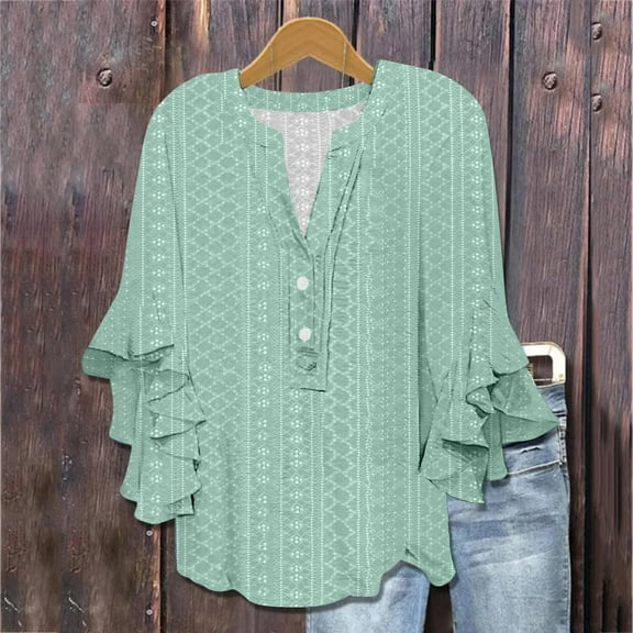 WCJM Women Pjs Sets Short Sleeve T Shirt Women's Short Sleeve T-Shirt Women's V Neck Tie Button Hollow Fabric Ruffled Sleeves Loose Casual Breathable Short Sleeves