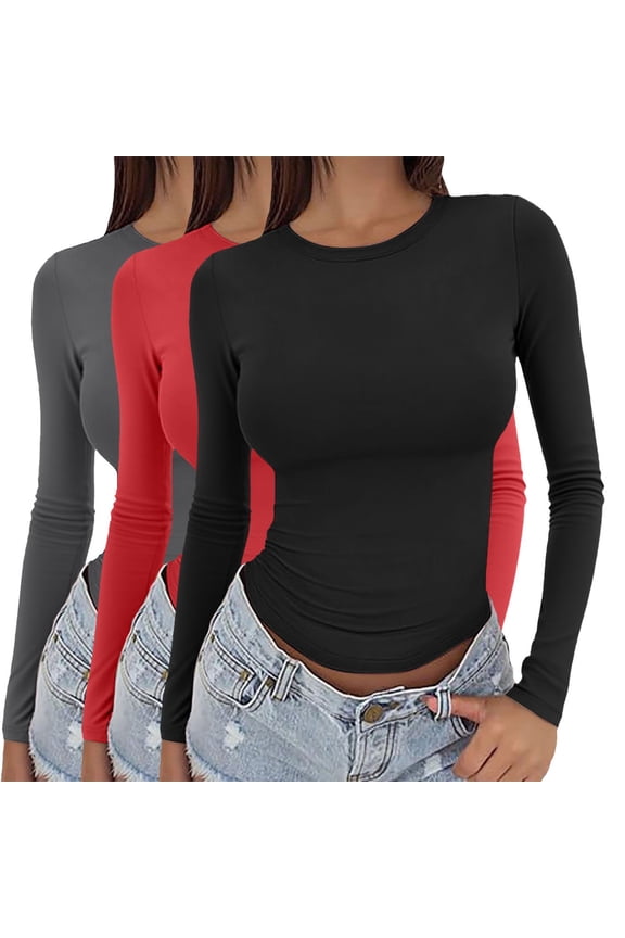 Women’S Comfort Long Sleeve T-Shirt/Underscrub Tee 3 Pieces Women Y2K Basic Long Sleeve Top Slim Baby Tee Round Neck Dupe Crop Layering Slim Top Blouse Aesthetic Streetwear